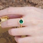 Dainty Vintage Script Background Sun Halo Round Cut Emerald Engagement Ring - Additional view