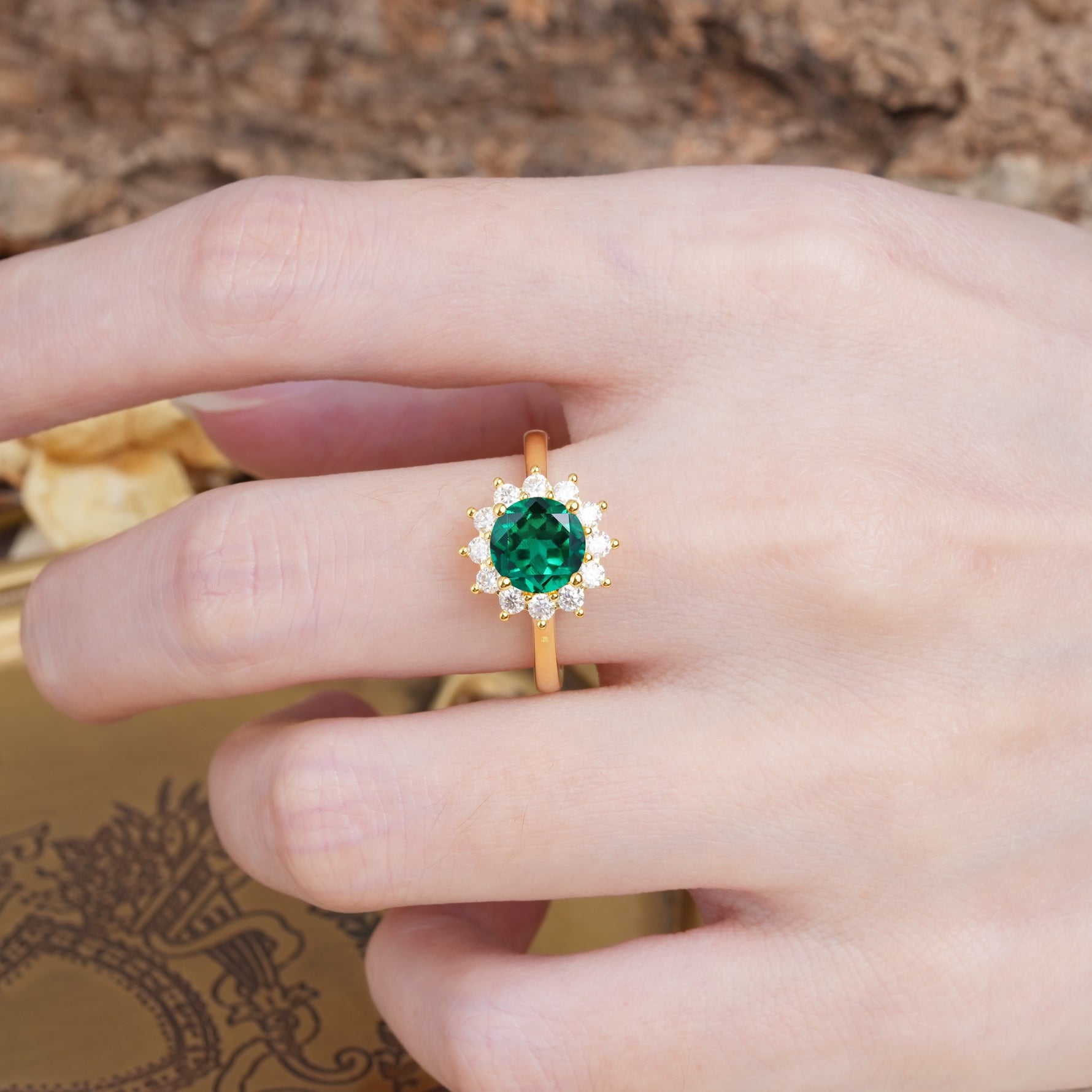 Dainty Vintage Script Background Sun Halo Round Cut Emerald Engagement Ring - Additional view