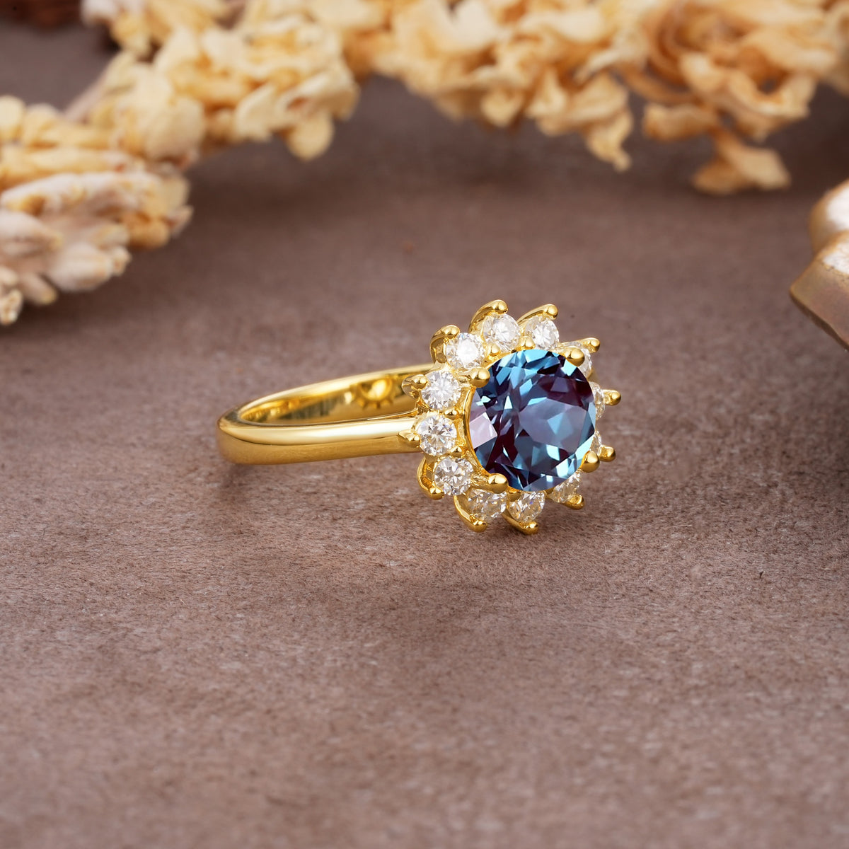 Dainty Vintage Script Background Sun Halo Round Cut Alexandrite Engagement Ring - Additional view
