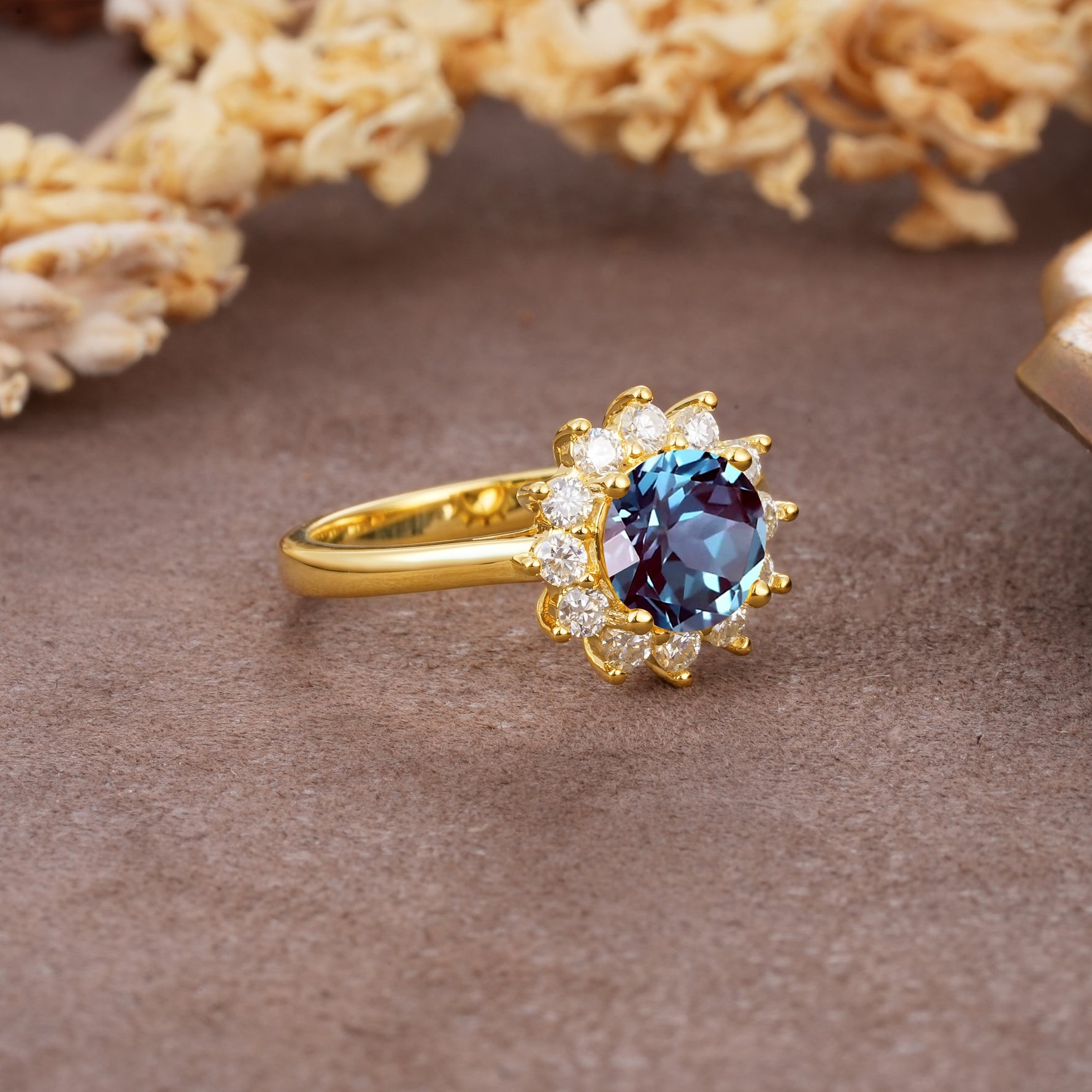 Dainty Vintage Script Background Sun Halo Round Cut Alexandrite Engagement Ring - Additional view
