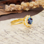 Dainty Vintage Script Background Sun Halo Round Cut Alexandrite Engagement Ring - Additional view