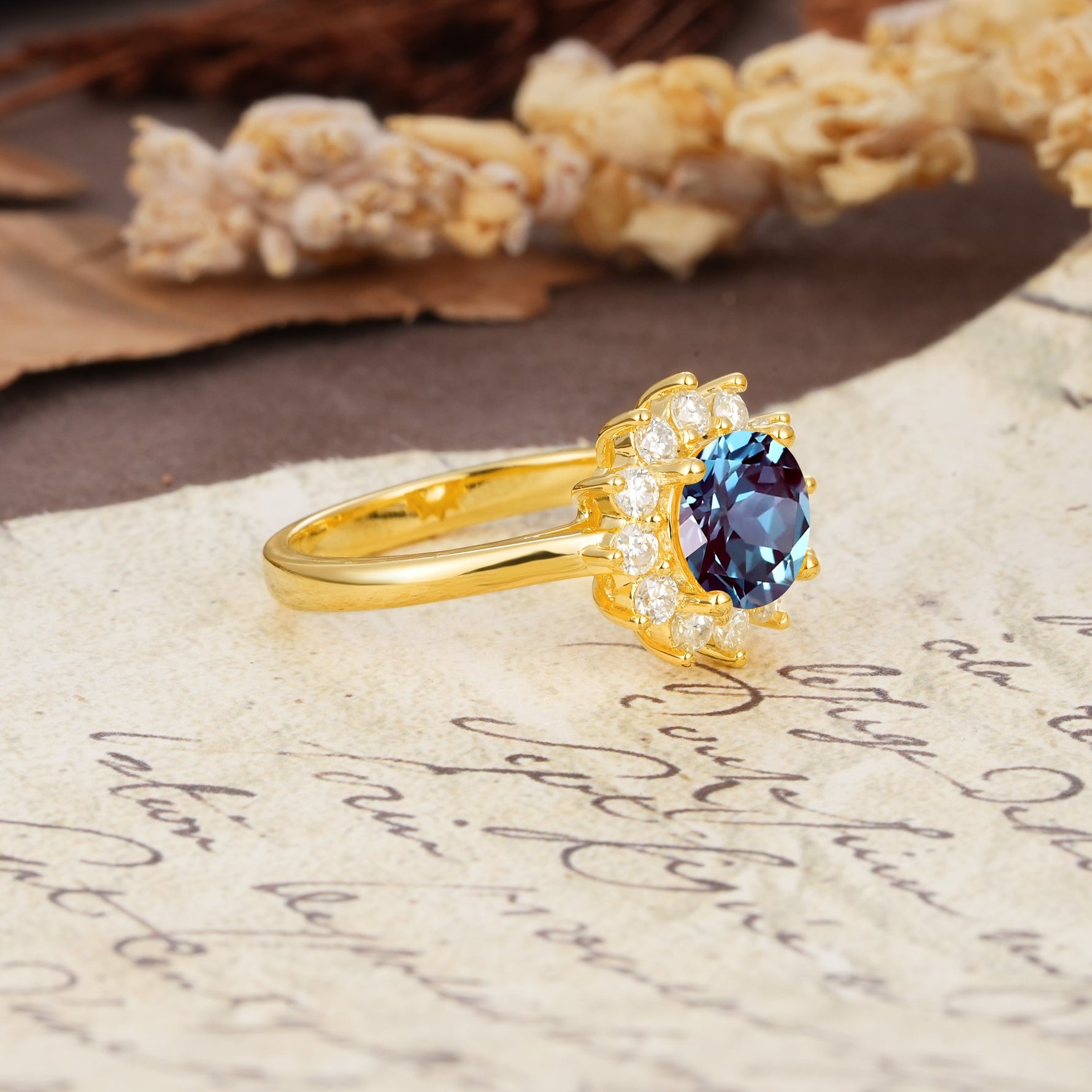 Dainty Vintage Script Background Sun Halo Round Cut Alexandrite Engagement Ring - Additional view