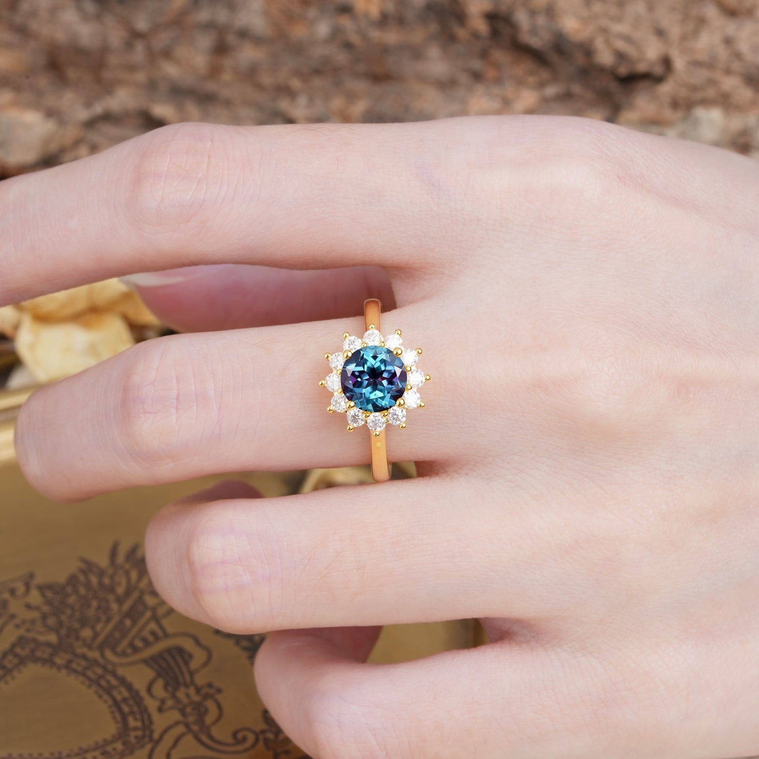 Dainty Vintage Script Background Sun Halo Round Cut Alexandrite Engagement Ring - Additional view