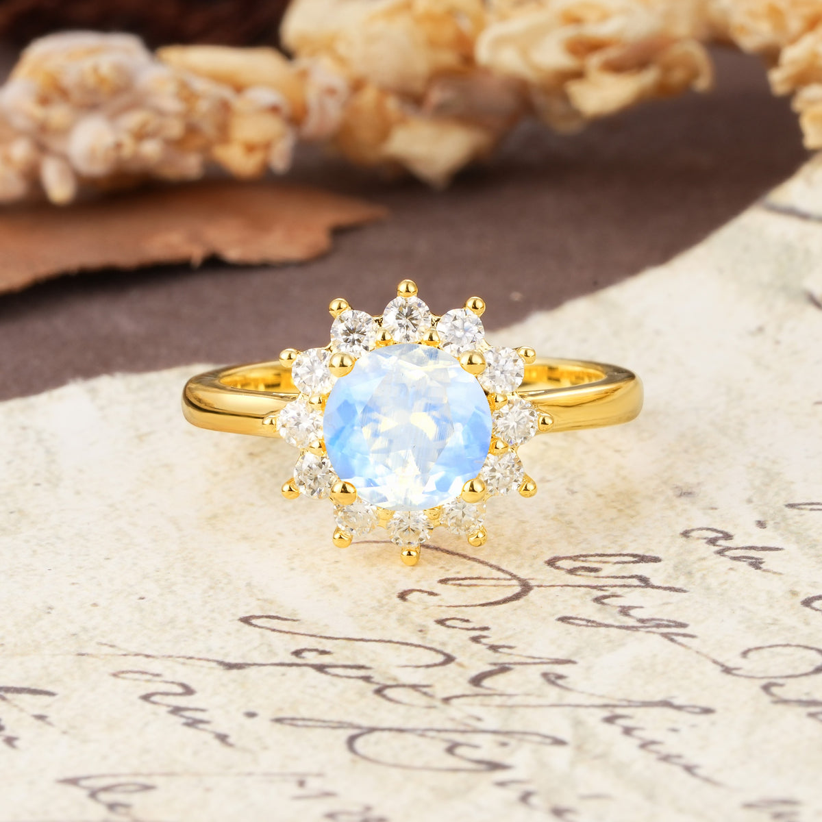 Dainty Vintage Script Background Sun Halo Round Cut Moonstone Engagement Ring - Additional view