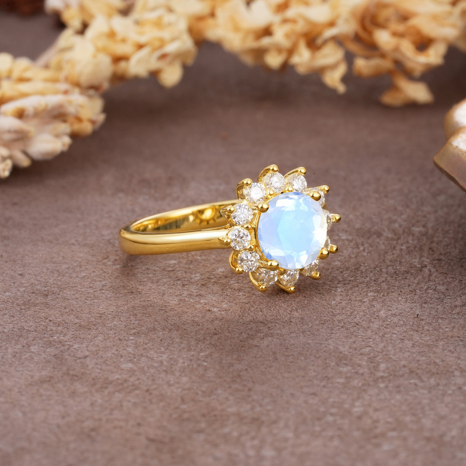 Dainty Vintage Script Background Sun Halo Round Cut Moonstone Engagement Ring - Additional view