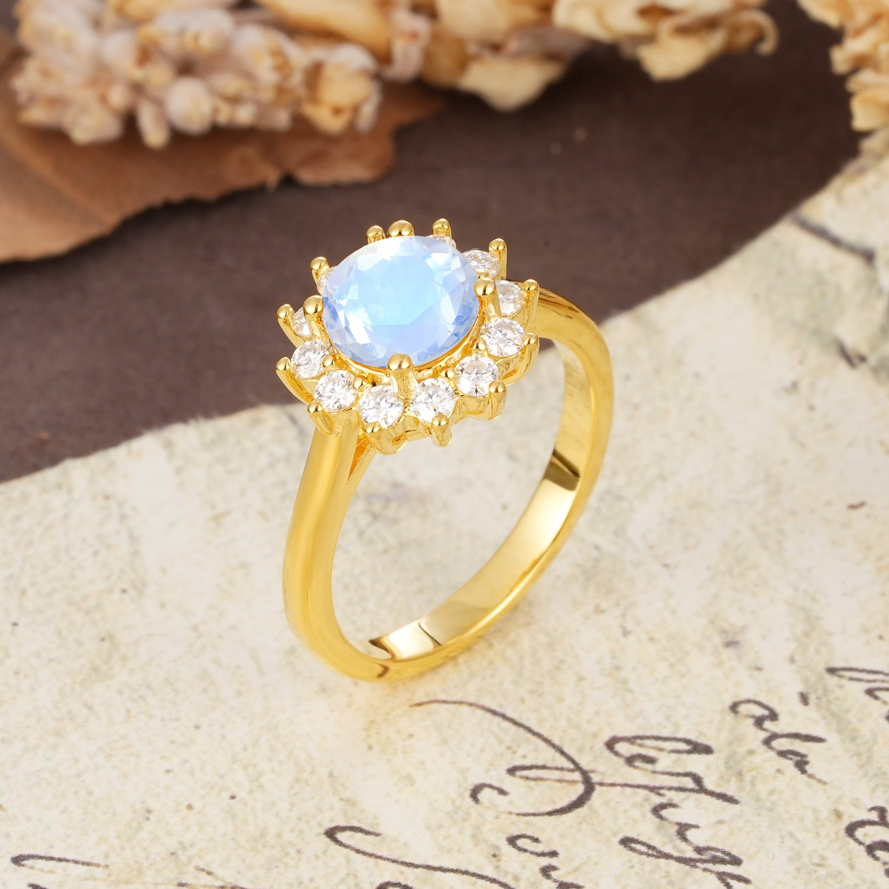 Dainty Vintage Script Background Sun Halo Round Cut Moonstone Engagement Ring - Additional view