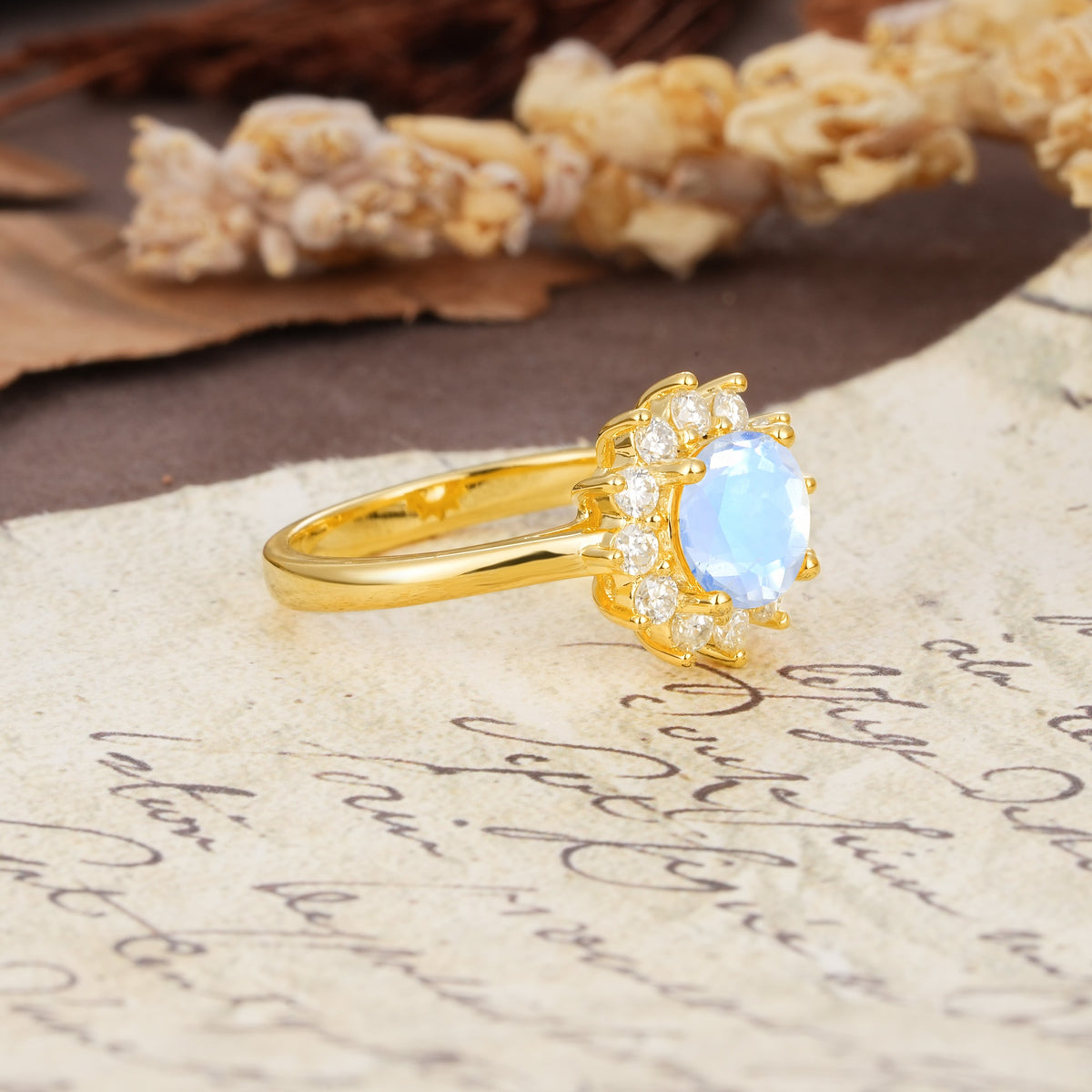 Dainty Vintage Script Background Sun Halo Round Cut Moonstone Engagement Ring - Additional view