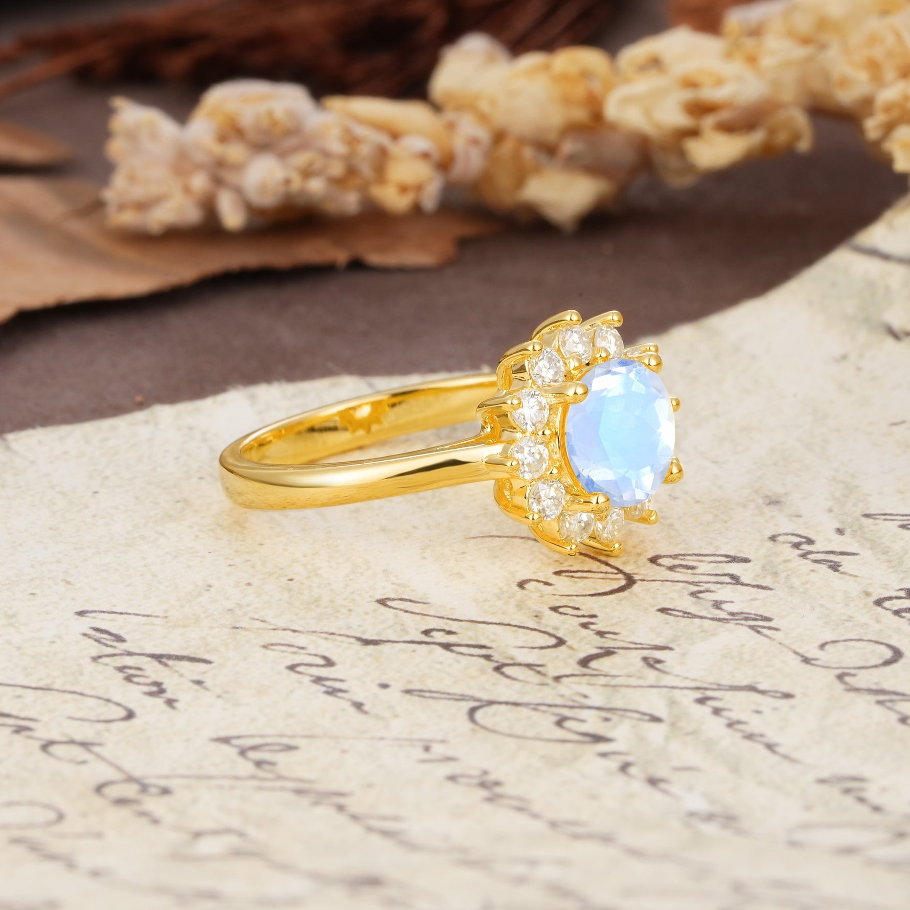 Dainty Vintage Script Background Sun Halo Round Cut Moonstone Engagement Ring - Additional view