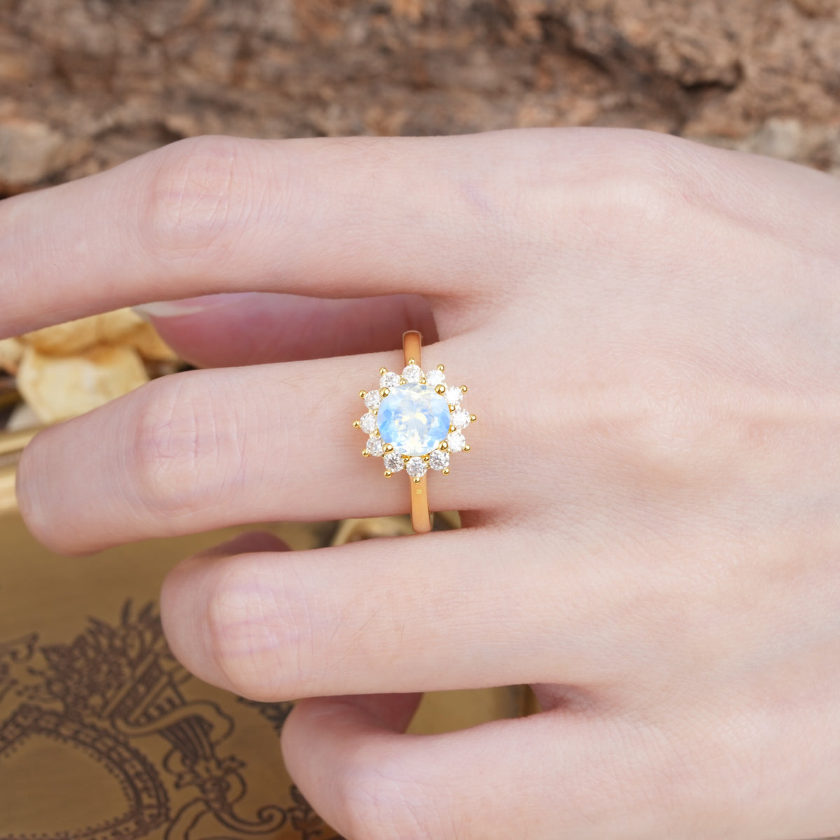 Dainty Vintage Script Background Sun Halo Round Cut Moonstone Engagement Ring - Additional view