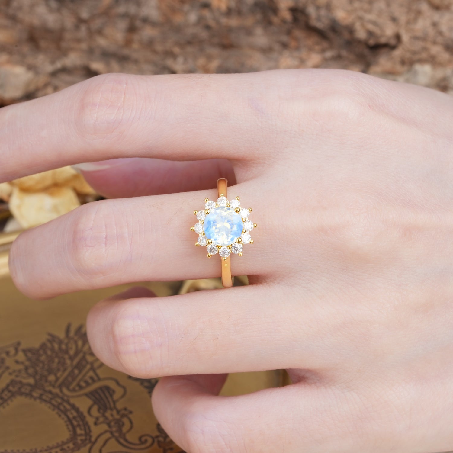 Dainty Vintage Script Background Sun Halo Round Cut Moonstone Engagement Ring - Additional view
