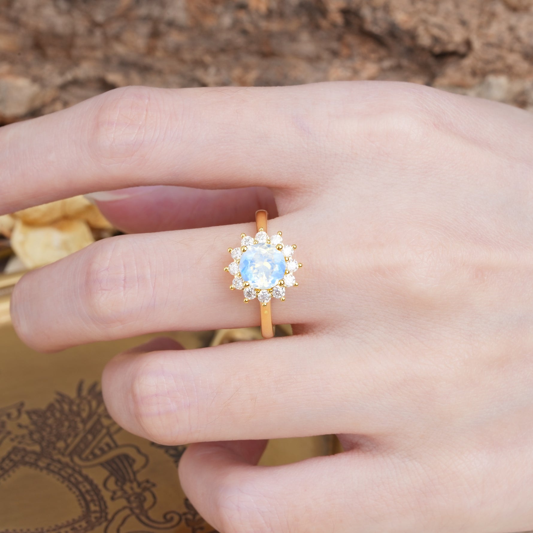 Dainty Vintage Script Background Sun Halo Round Cut Moonstone Engagement Ring - Additional view