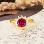 Dainty Vintage Script Background Sun Halo Round Cut Ruby Engagement Ring - Additional view