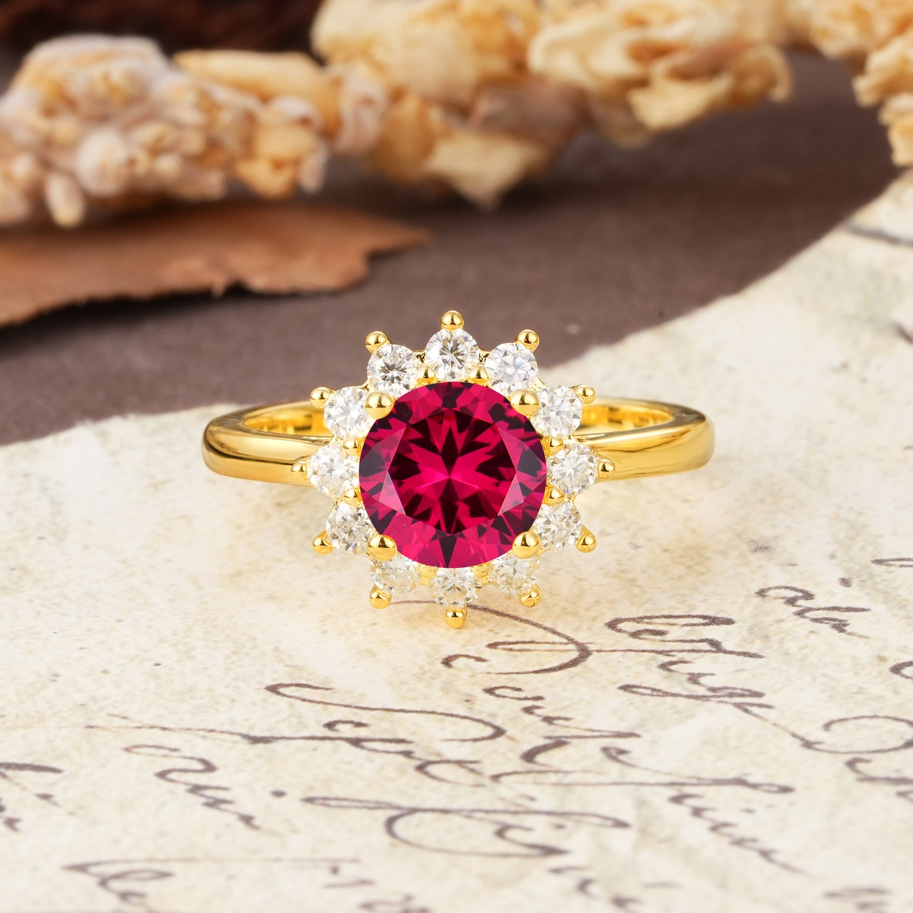 Dainty Vintage Script Background Sun Halo Round Cut Ruby Engagement Ring - Additional view