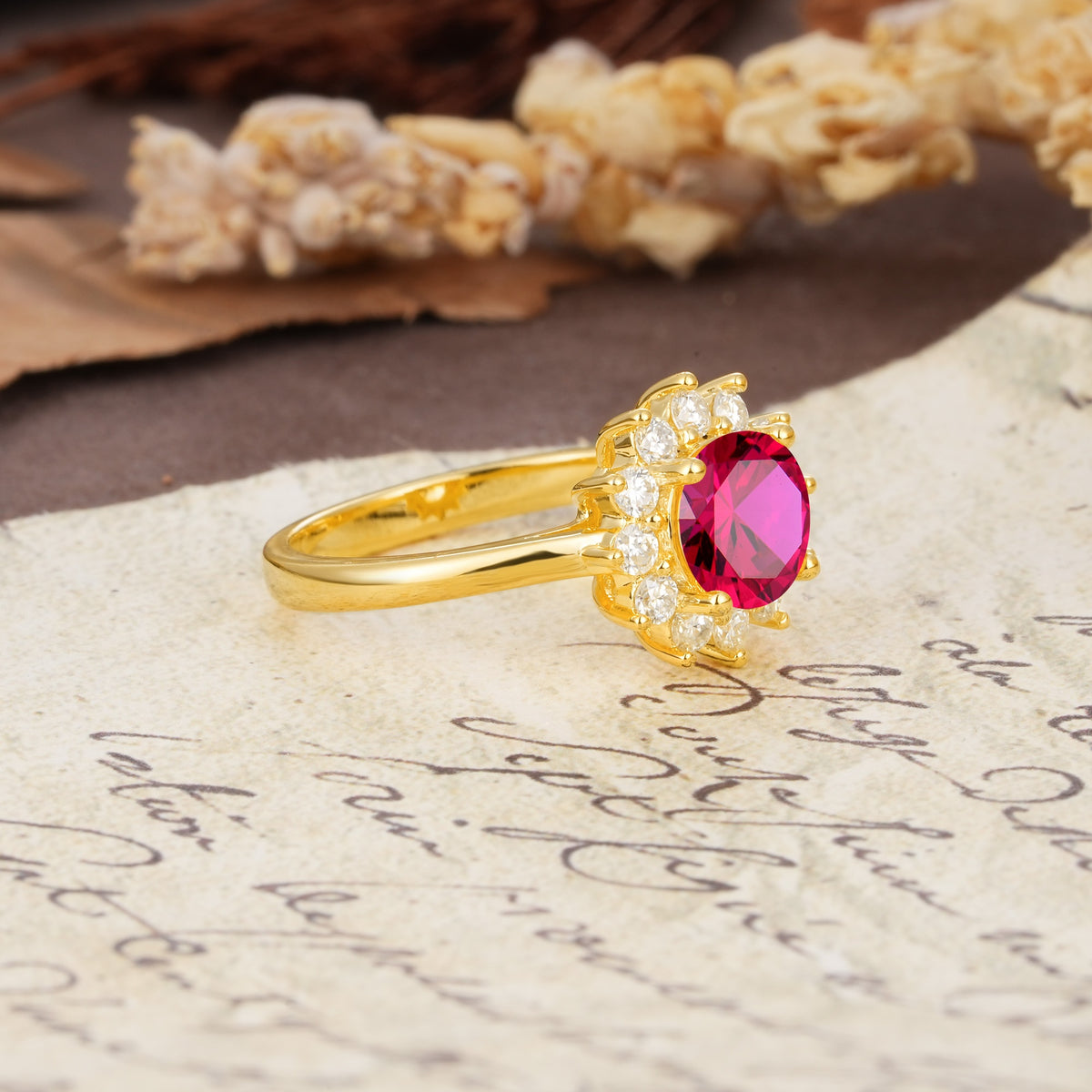 Dainty Vintage Script Background Sun Halo Round Cut Ruby Engagement Ring - Additional view