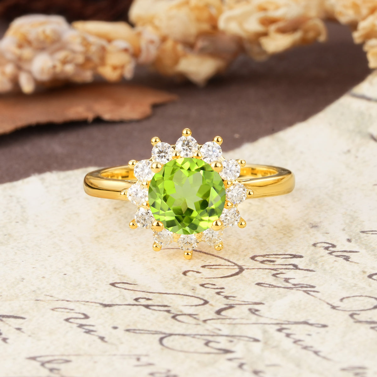 Dainty Vintage Script Background Sun Halo Round Cut Peridot Engagement Ring - Additional view
