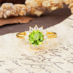 Dainty Vintage Script Background Sun Halo Round Cut Peridot Engagement Ring - Additional view
