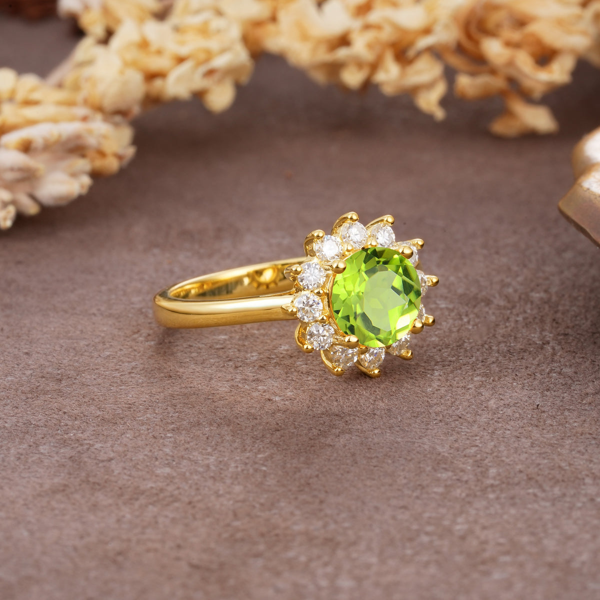 Dainty Vintage Script Background Sun Halo Round Cut Peridot Engagement Ring - Additional view