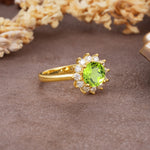 Dainty Vintage Script Background Sun Halo Round Cut Peridot Engagement Ring - Additional view