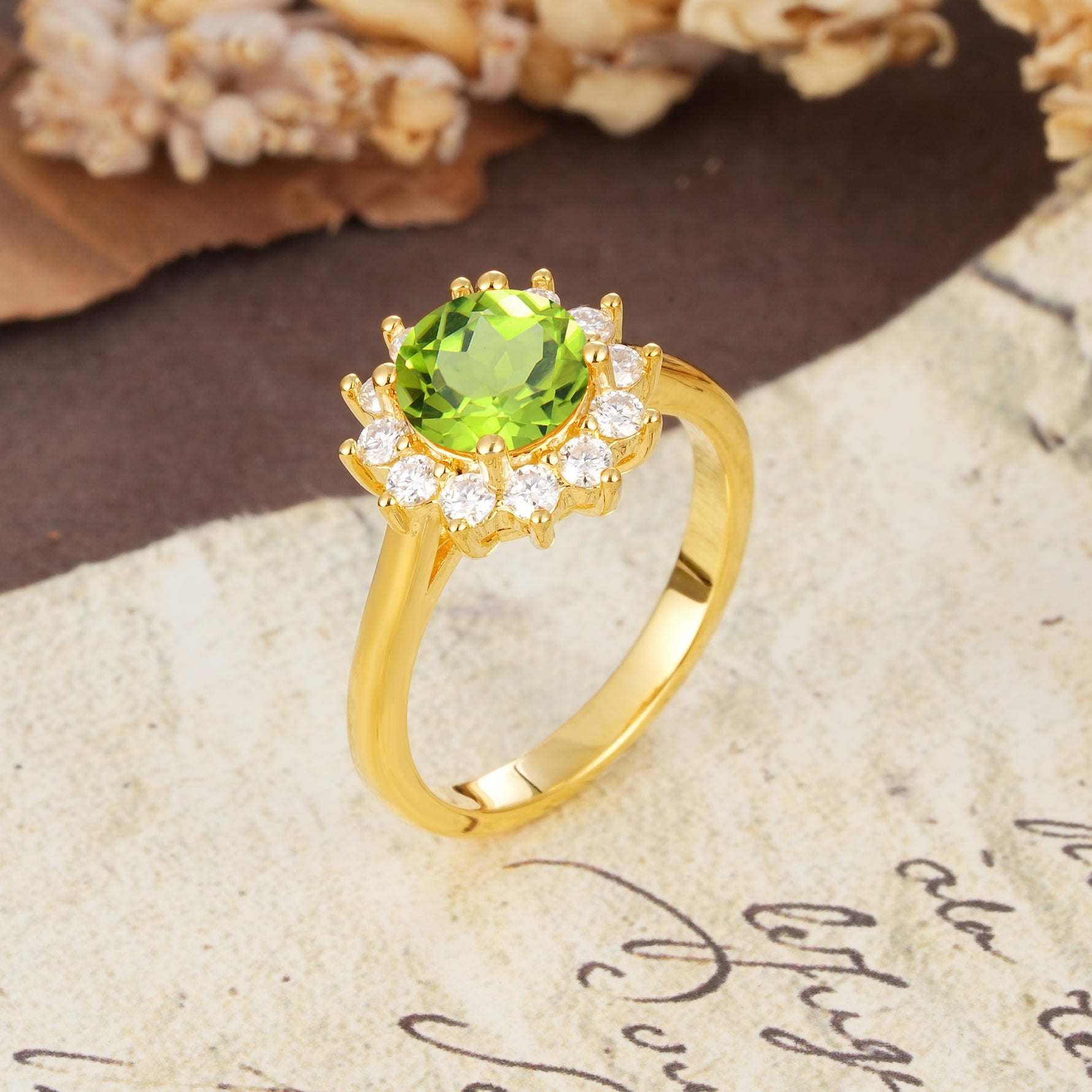 Dainty Vintage Script Background Sun Halo Round Cut Peridot Engagement Ring - Additional view