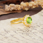 Dainty Vintage Script Background Sun Halo Round Cut Peridot Engagement Ring - Additional view