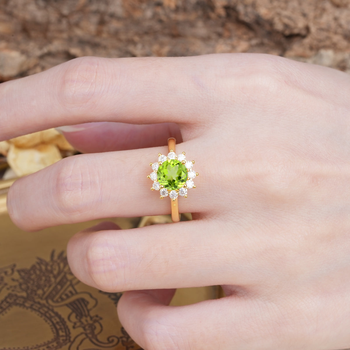 Dainty Vintage Script Background Sun Halo Round Cut Peridot Engagement Ring - Additional view