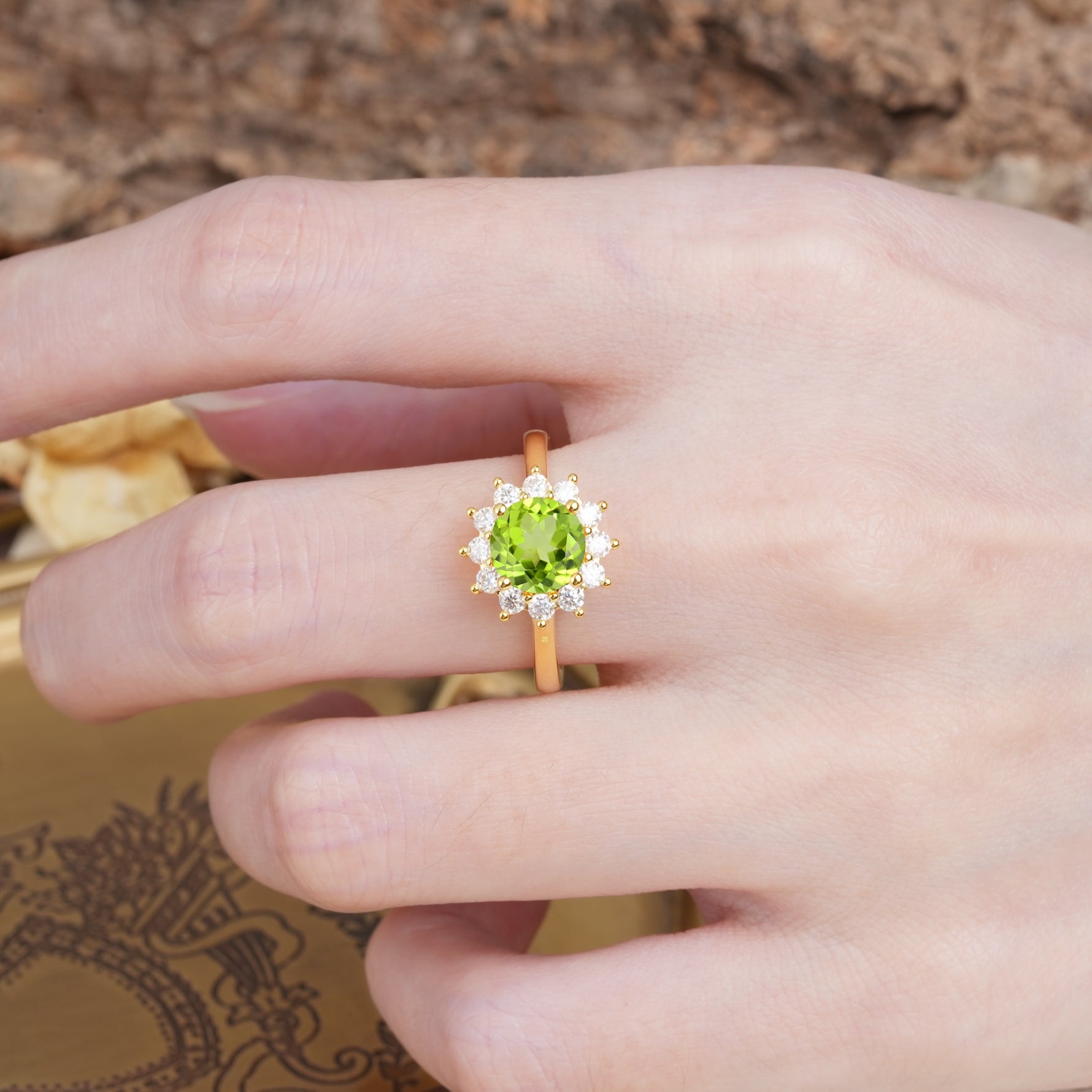 Dainty Vintage Script Background Sun Halo Round Cut Peridot Engagement Ring - Additional view