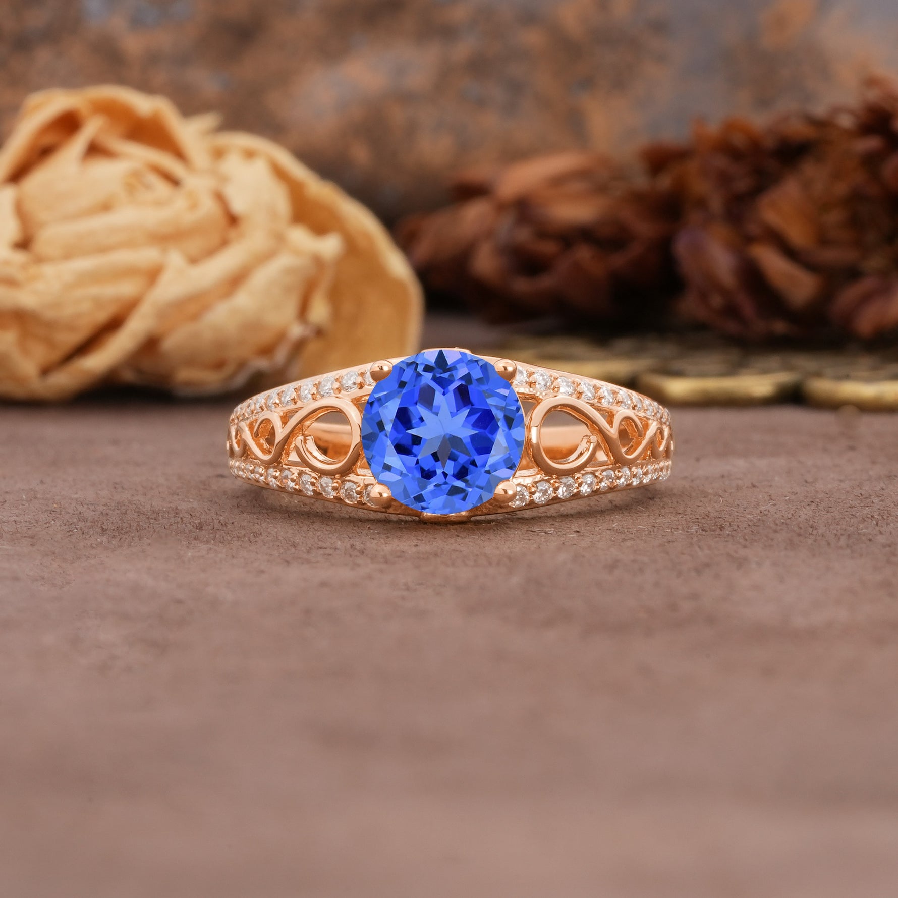 Luxurious and Unique, Entwined 4-Prong Round Cut Sapphire Engagement Ring - Additional view