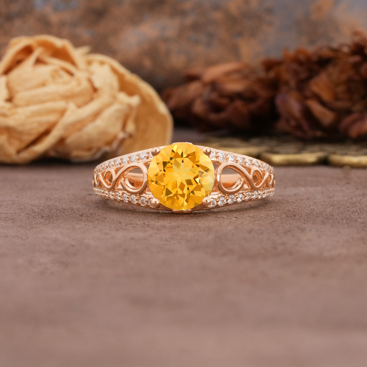 Luxurious and Unique, Entwined 4-Prong Round Cut Citrine Engagement Ring - Additional view