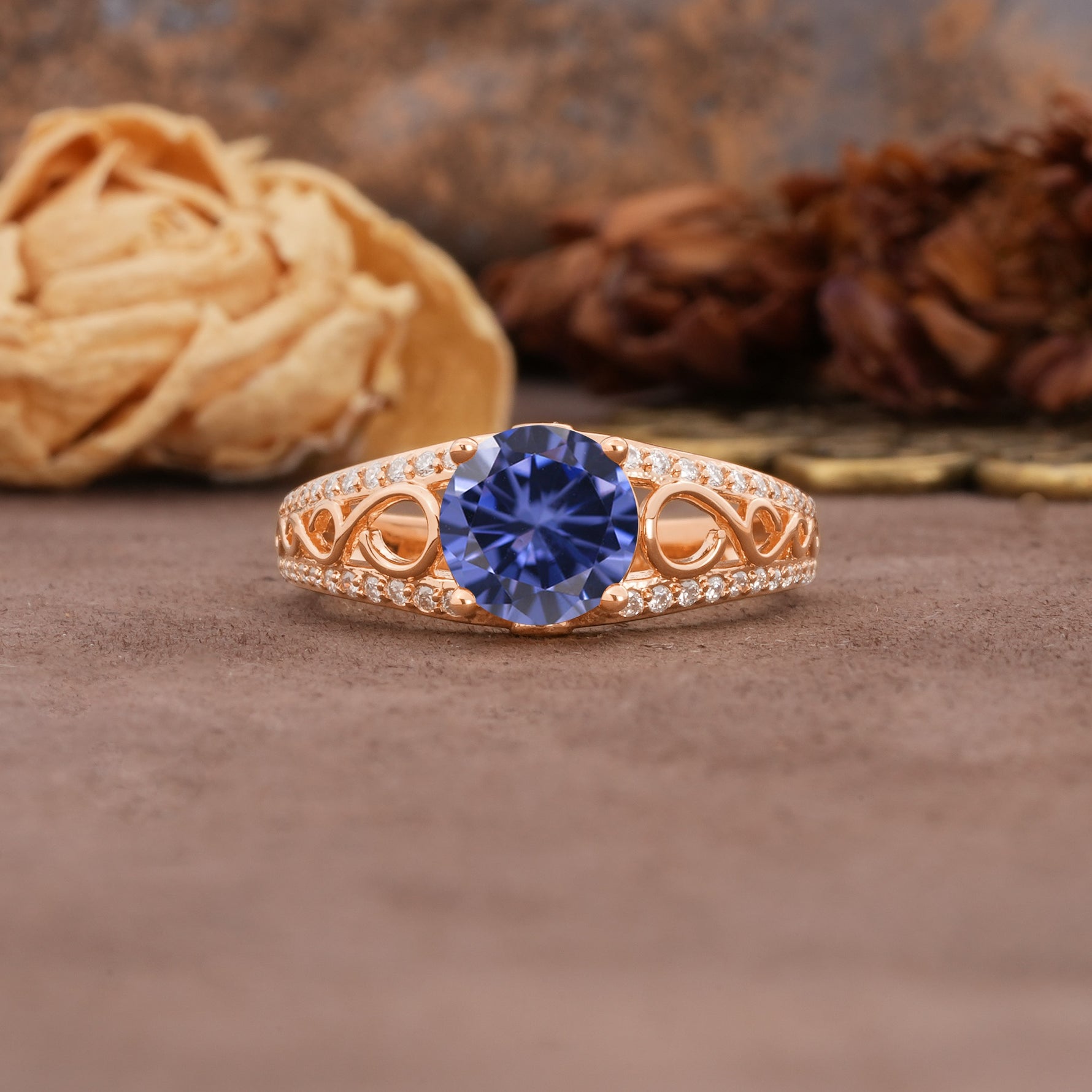 Luxurious and Unique, Entwined 4-Prong Round Cut Tanzanite Engagement Ring - Additional view
