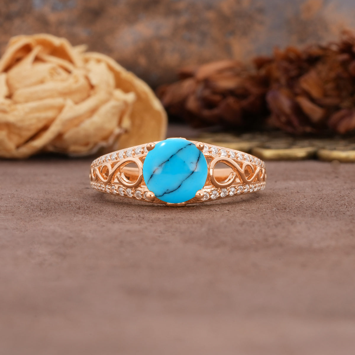 Luxurious and Unique, Entwined 4-Prong Round Cut Turquoise Engagement Ring - Additional view