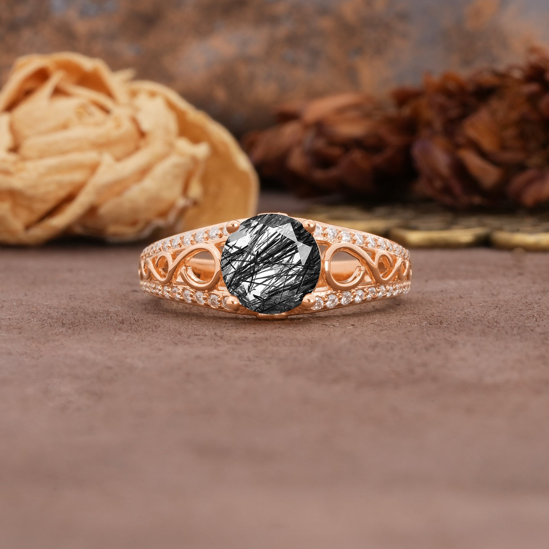 Luxurious and Unique, Entwined 4-Prong Round Cut Black Rutilated Quartz Engagement Ring - Additional view