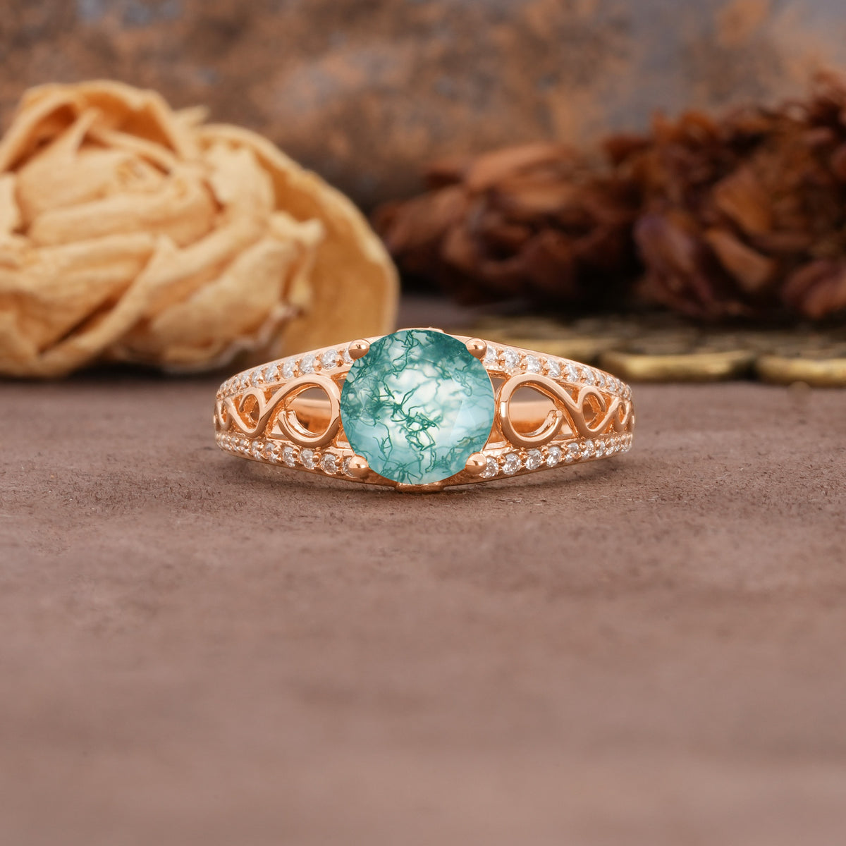 Luxurious and Unique, Entwined 4-Prong Round Cut Moss Agate Engagement Ring - Additional view