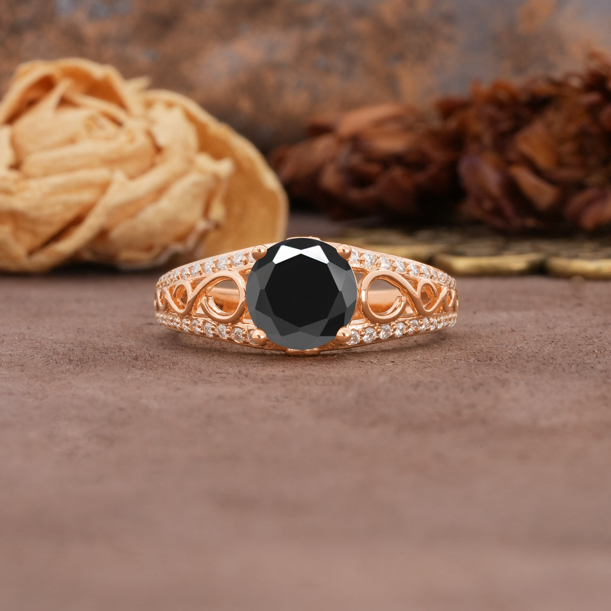 Luxurious and Unique, Entwined 4-Prong Round Cut Black Onyx Engagement Ring - Additional view
