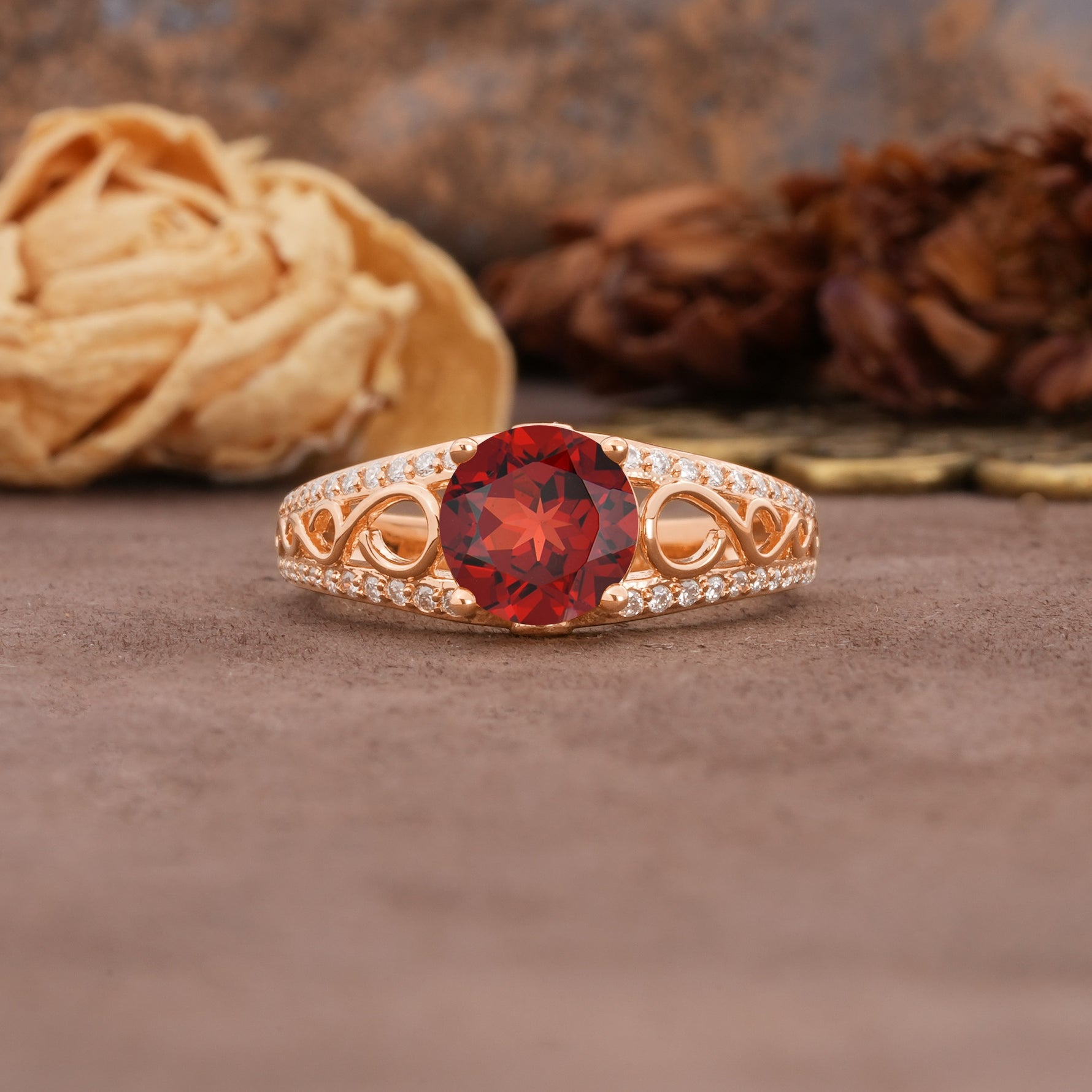 Luxurious and Unique, Entwined 4-Prong Round Cut Garnet Engagement Ring - Additional view