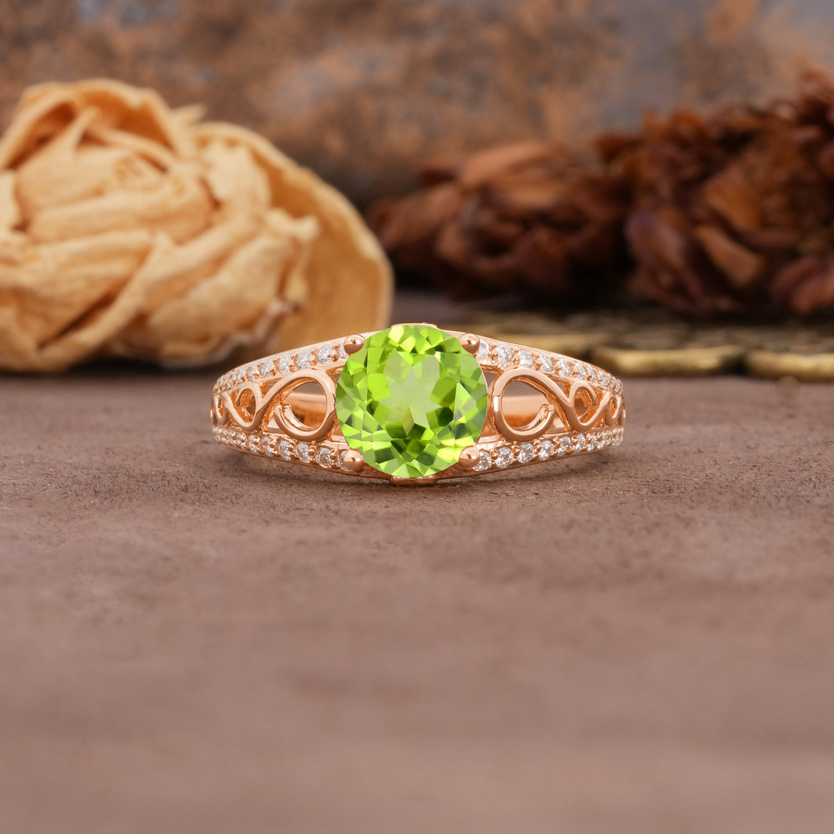 Luxurious and Unique, Entwined 4-Prong Round Cut Peridot Engagement Ring - Additional view