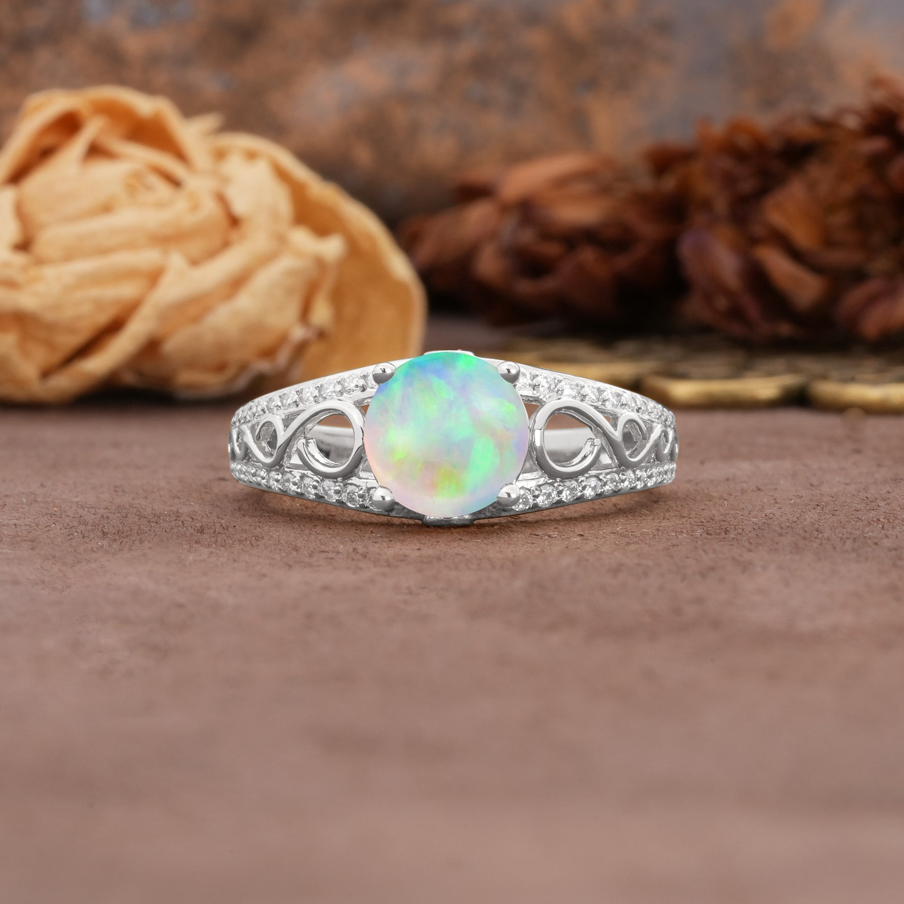 Luxurious and Unique, Entwined 4-Prong Round Cut Fire Opal Engagement Ring - Additional view