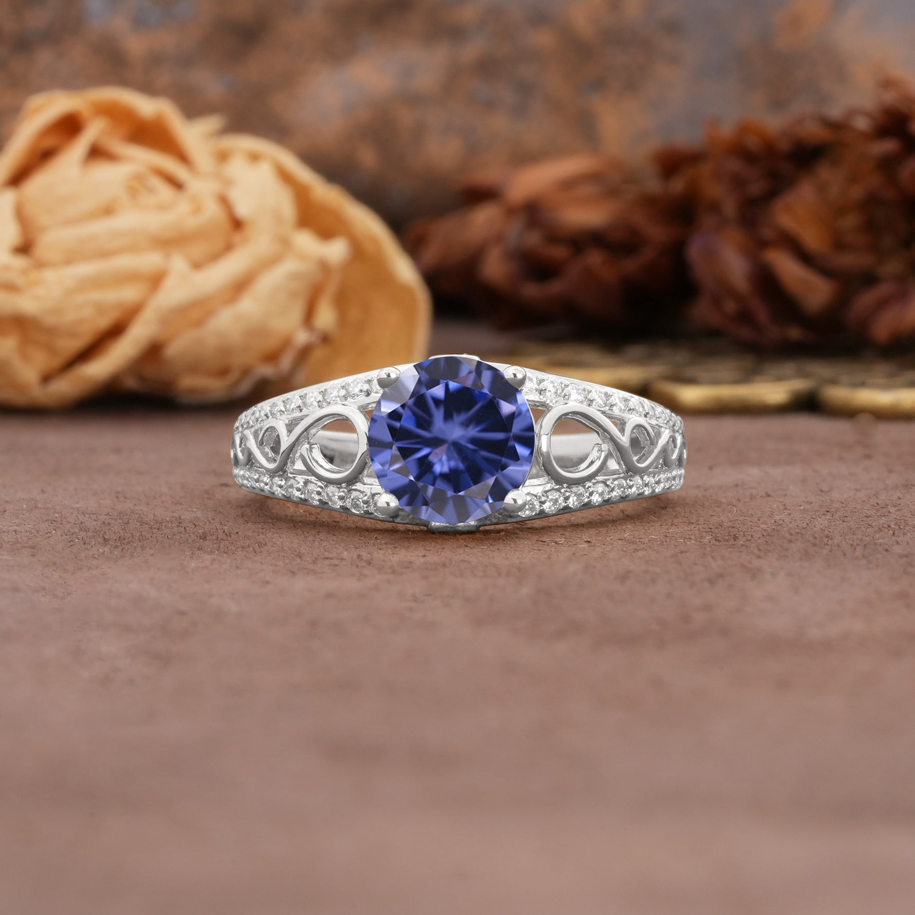Luxurious and Unique, Entwined 4-Prong Round Cut Tanzanite Engagement Ring - Additional view