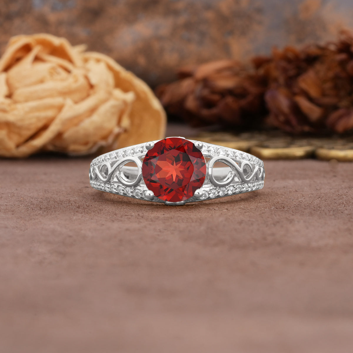 Luxurious and Unique, Entwined 4-Prong Round Cut Garnet Engagement Ring - Additional view