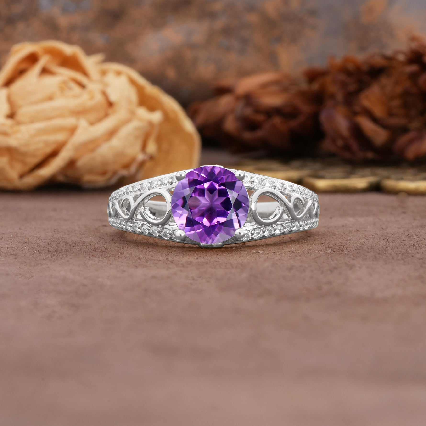 Luxurious and Unique, Entwined 4-Prong Round Cut Amethyst Engagement Ring - Additional view
