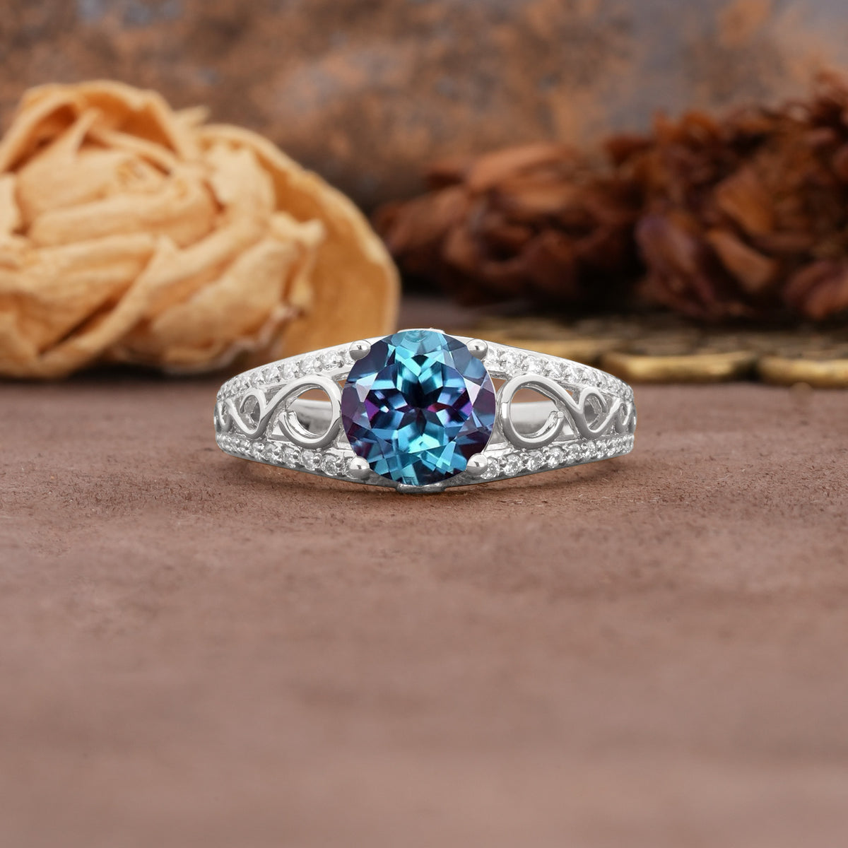 Luxurious and Unique, Entwined 4-Prong Round Cut Alexandrite Engagement Ring - Additional view