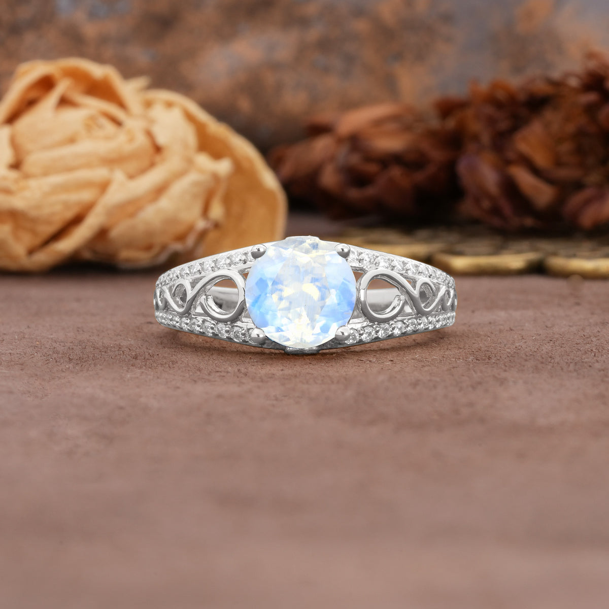 Luxurious and Unique, Entwined 4-Prong Round Cut Moonstone Engagement Ring - Additional view