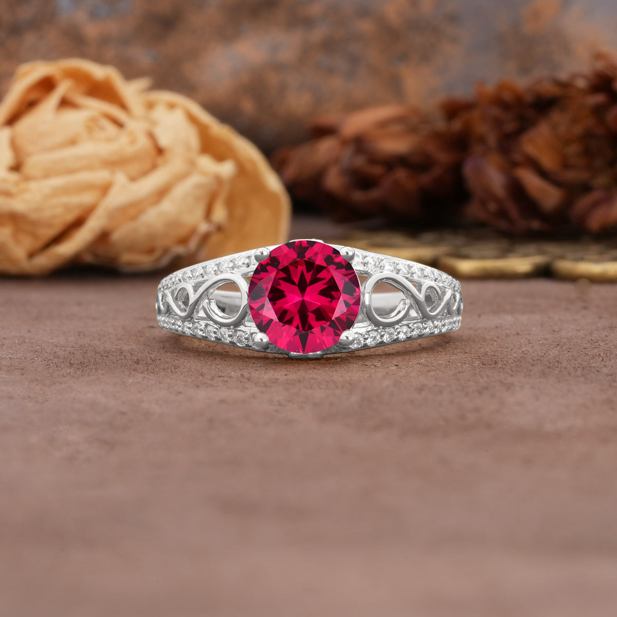 Luxurious and Unique, Entwined 4-Prong Round Cut Ruby Engagement Ring - Additional view