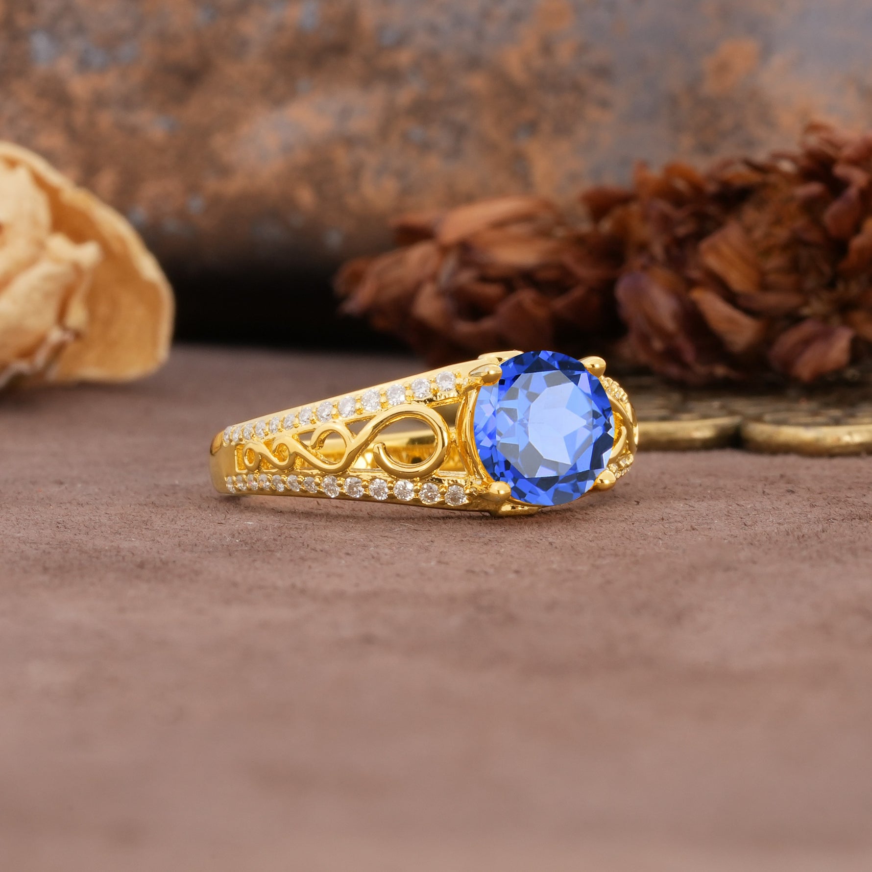 Luxurious and Unique, Entwined 4-Prong Round Cut Sapphire Engagement Ring - Additional view