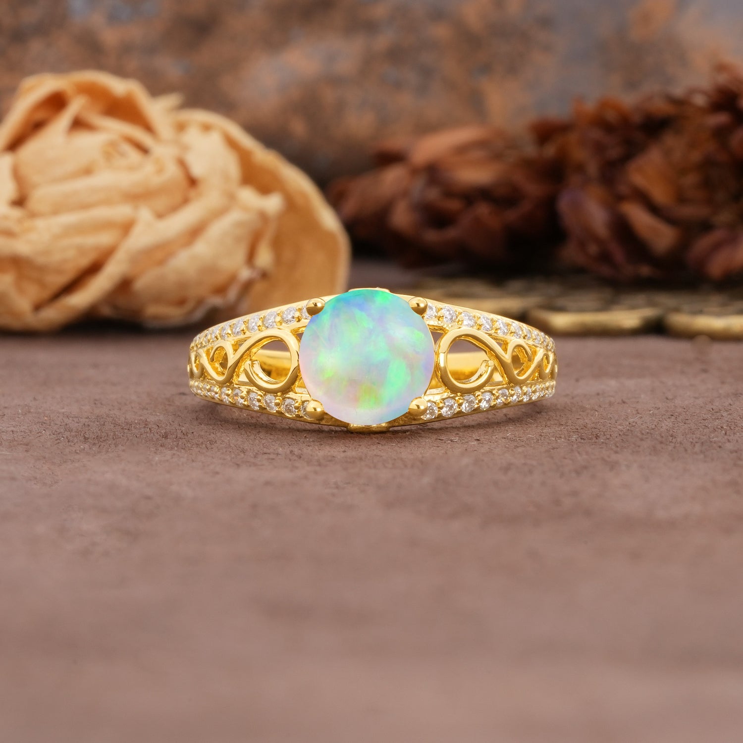 Luxurious and Unique, Entwined 4-Prong Round Cut Fire Opal Engagement Ring - Additional view