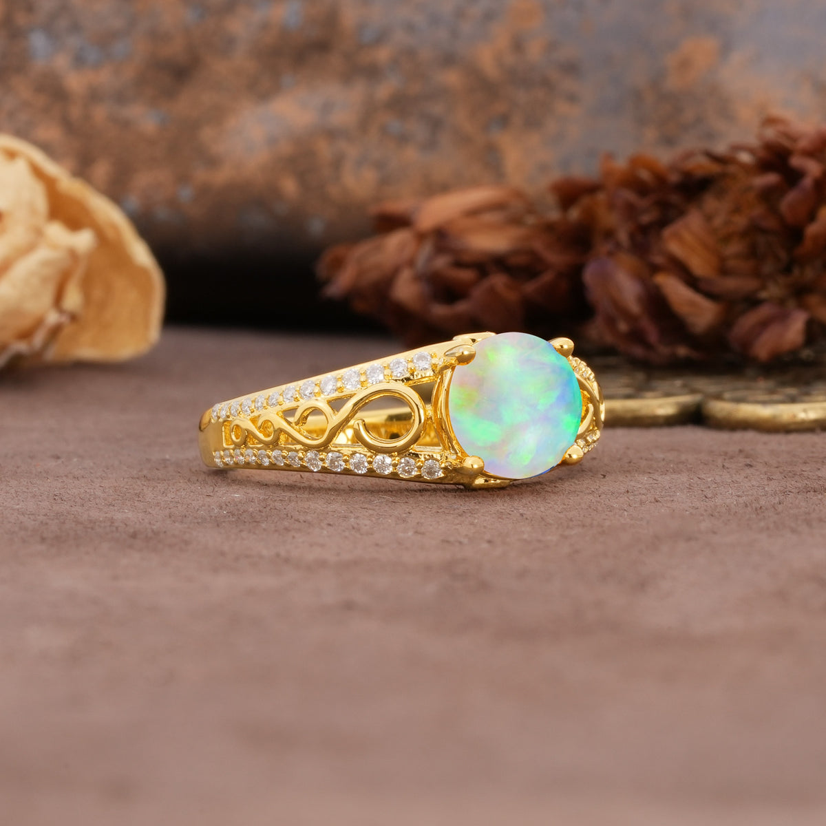 Luxurious and Unique, Entwined 4-Prong Round Cut Fire Opal Engagement Ring - Additional view