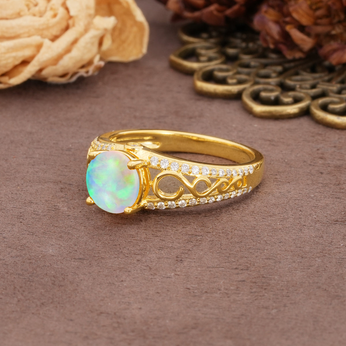Luxurious and Unique, Entwined 4-Prong Round Cut Fire Opal Engagement Ring - Additional view