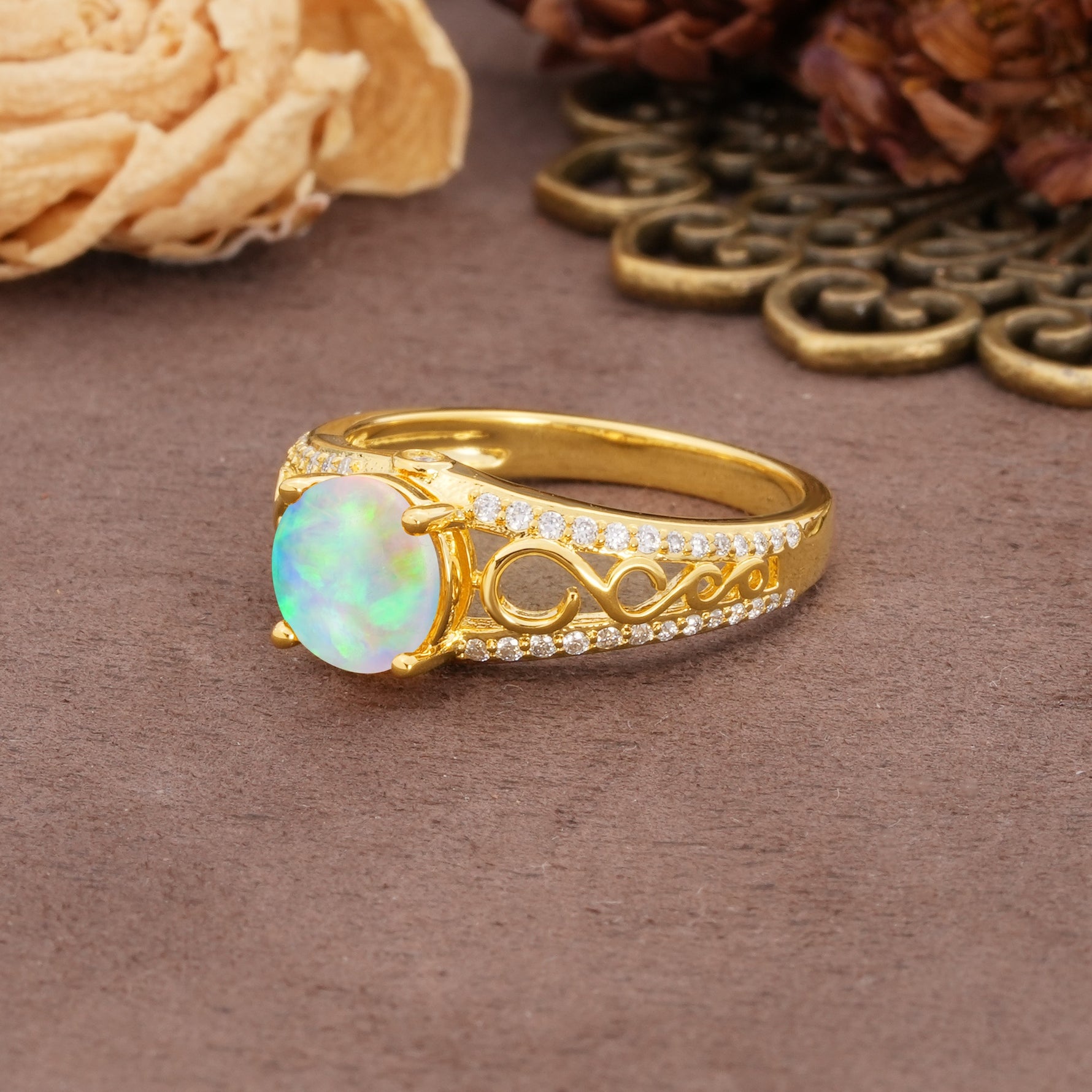 Luxurious and Unique, Entwined 4-Prong Round Cut Fire Opal Engagement Ring - Additional view