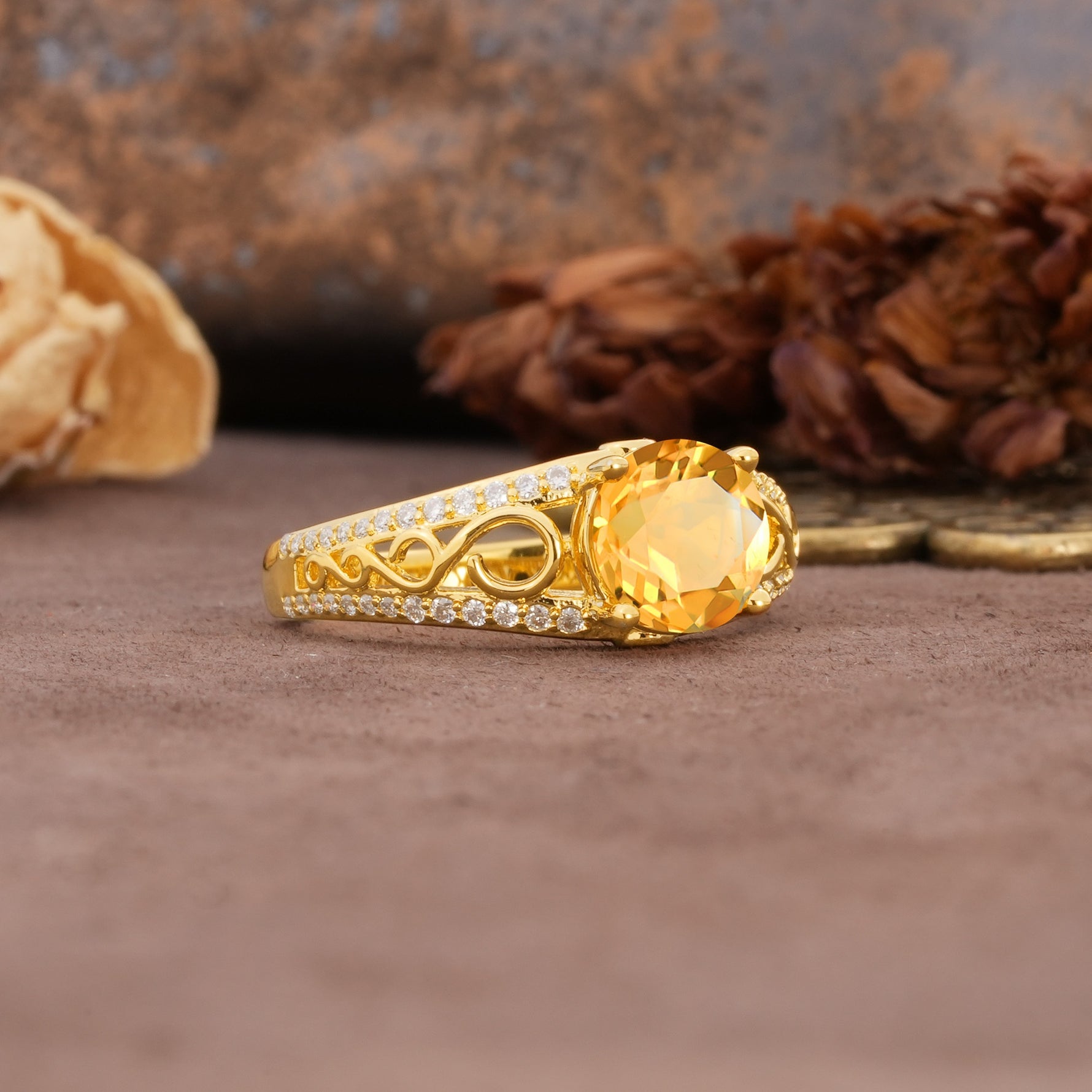 Luxurious and Unique, Entwined 4-Prong Round Cut Citrine Engagement Ring - Additional view