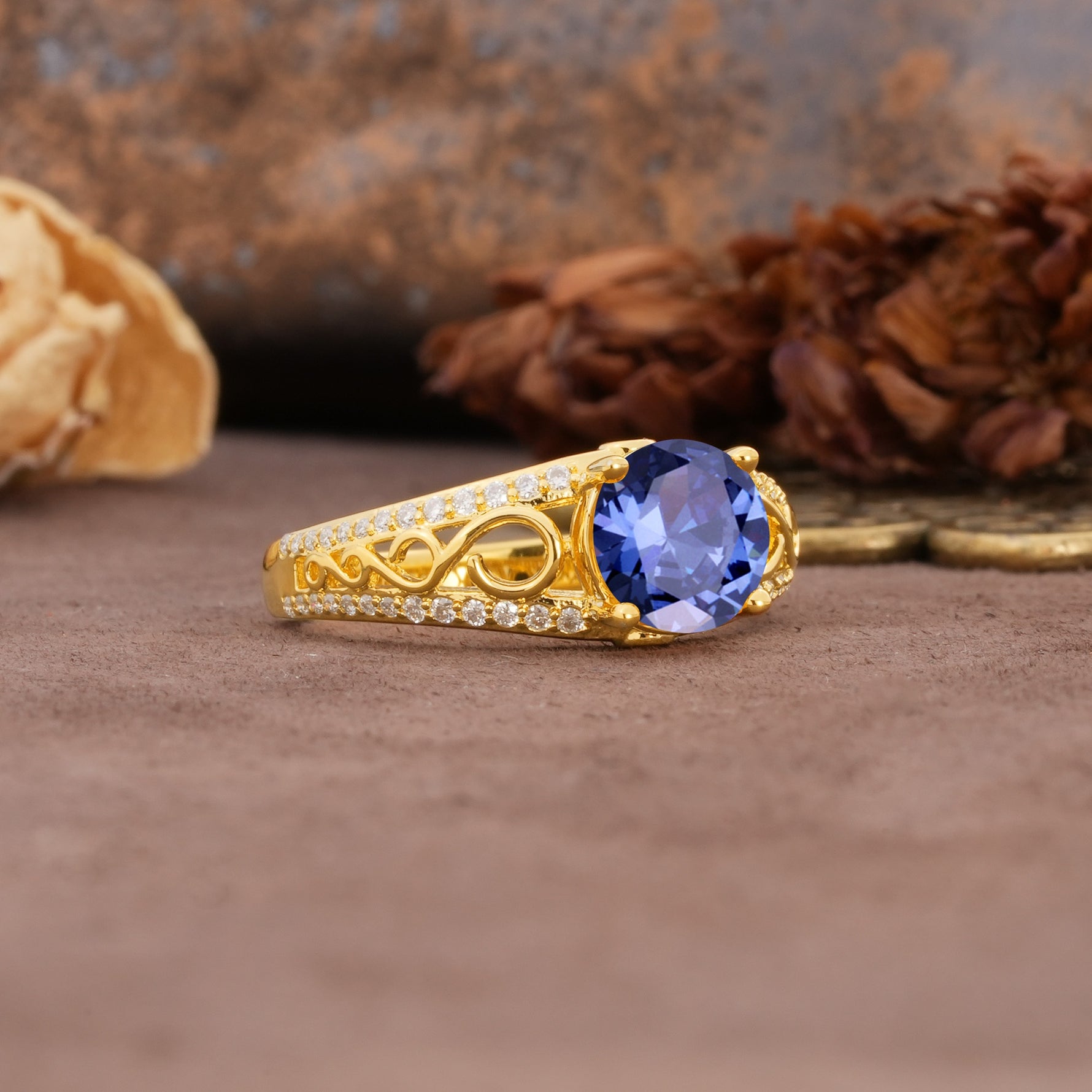 Luxurious and Unique, Entwined 4-Prong Round Cut Tanzanite Engagement Ring - Additional view