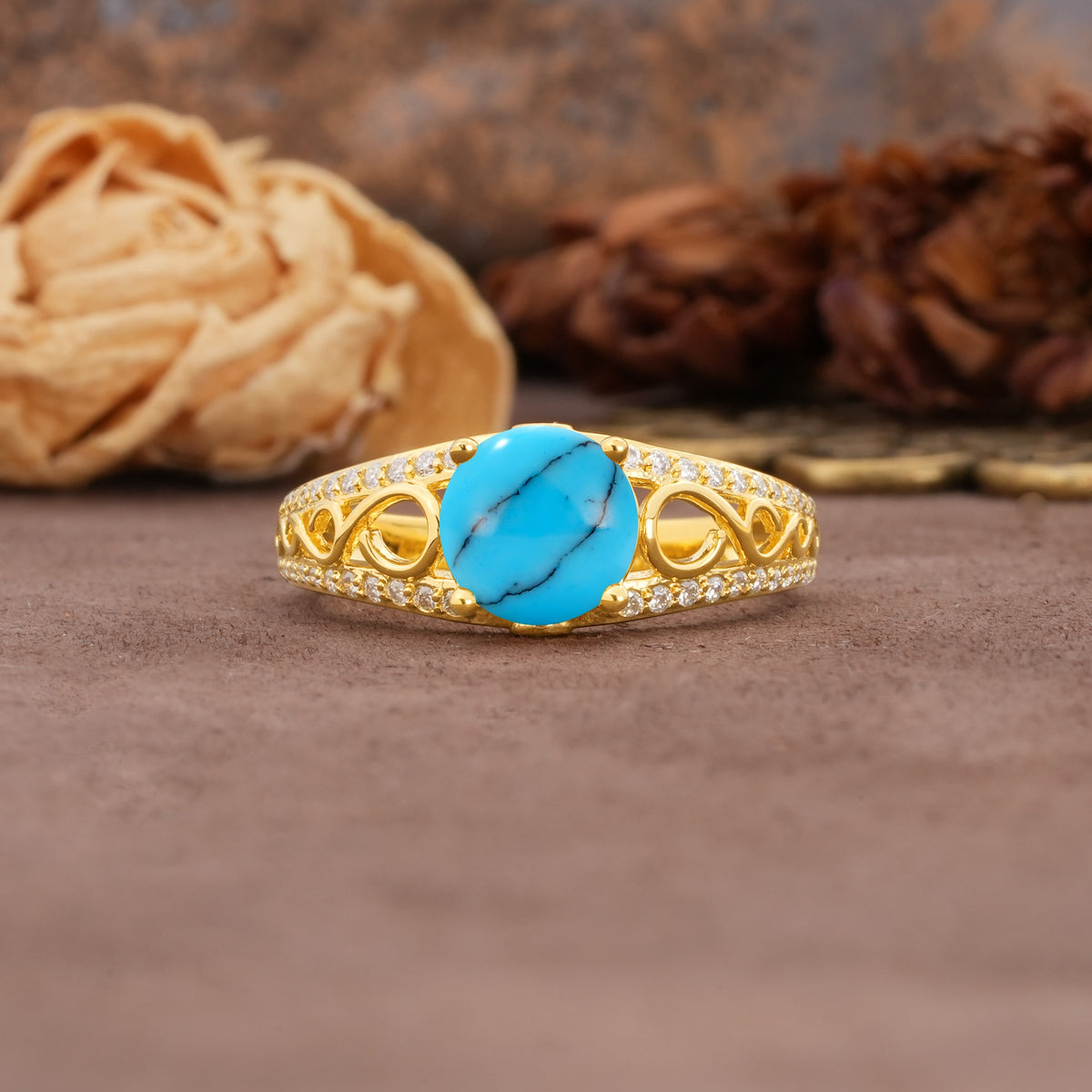 Luxurious and Unique, Entwined 4-Prong Round Cut Turquoise Engagement Ring - Additional view